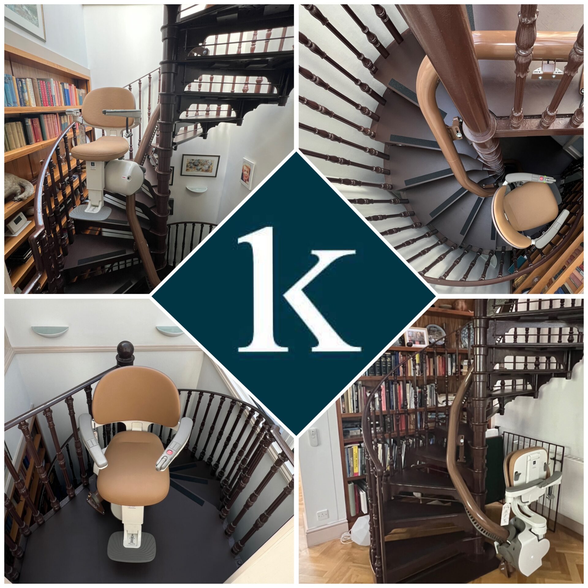 Header image for blog titled 'Multi-level spiral stairlift – a specialist stairlift case study'. Shows 4 overview images of the spiral stairlift installation, showing the Flow X curved stairlift model. Also shows Kudos Stairlifts logo in centre.