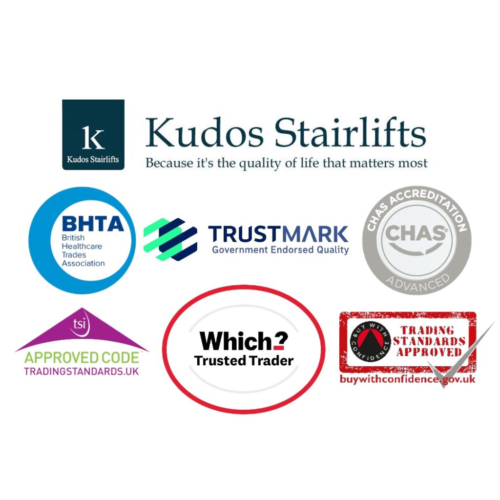 Header image for blog titled: 'Accreditations for Stairlift Suppliers – why these matter'. Shows Kudos Stairlifts logo and tagline, along with following accreditation logos: BHTA, Trustmark, CHAS, TSI Approved Code, Which? Trusted Trader, Trading Standards Approved.