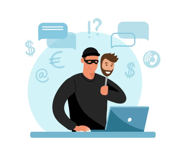 Header image for blog titled '‘The Importance of Being Honest’: make sure you don’t fall for fake stairlift comparison websites'. Cartoon-style image showing male burglar removing smiling face mask, sitting at a laptop with money & data signs in the background.