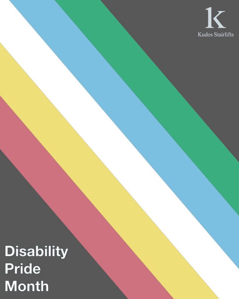 Disability Pride Month flag - angled coloured stripes (Red, Gold, White, Blue, Green & Charcoal)