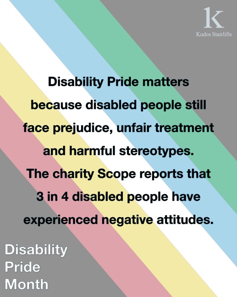 Background is Disability Pride flag, with black text over the top saying: Disability Pride matters because disabled people still face prejudice, unfair treatment and harmful stereotypes. The charity Scope reports that 3 in 4 disabled people have experienced negative attitudes.
