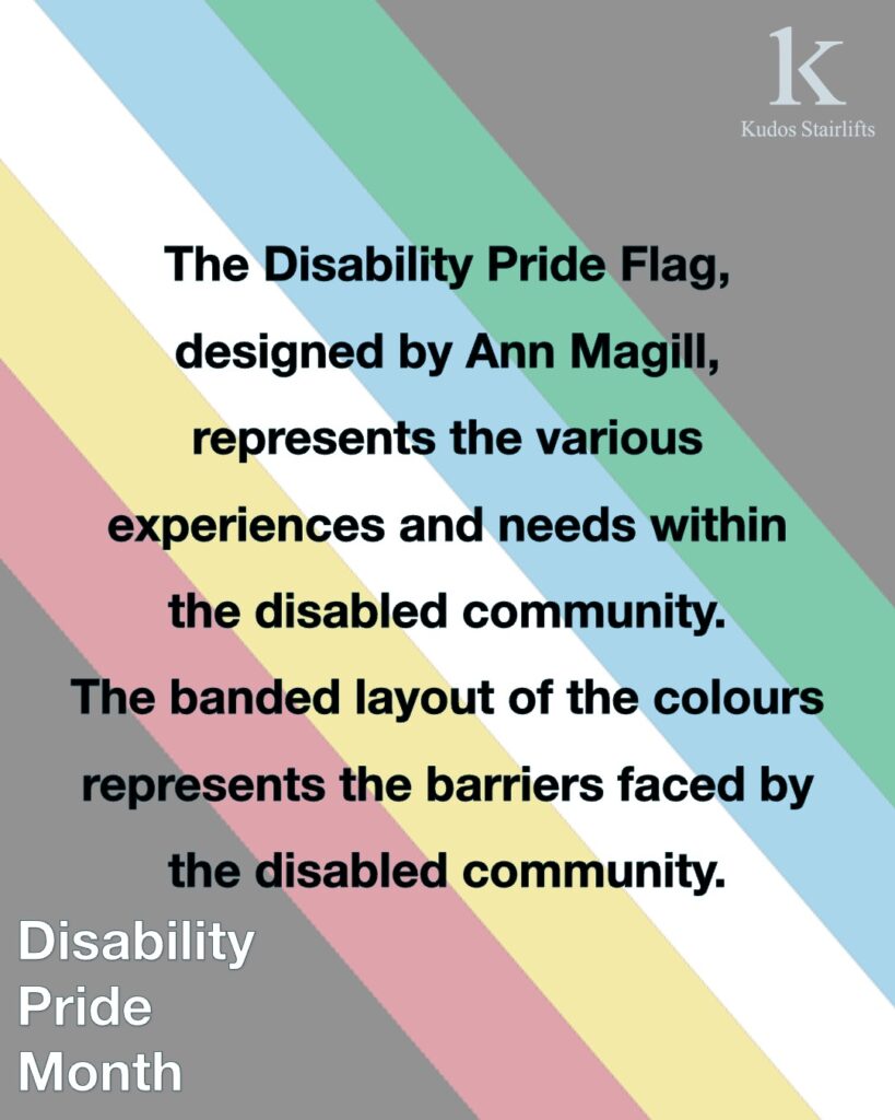 Background is Disability Pride flag, with black text over the top saying: The Disability Pride Flag, designed by Ann Magill, represents the various experiences and needs within the disabled community. The banded layout of the colours represents the barriers faced by the disabled community.