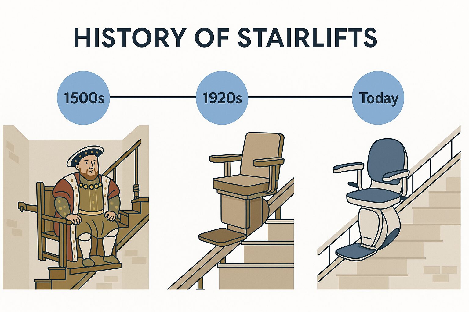 From Thrones to Technology- The Fascinating History of Stairlifts - blog post header image with timeline of 1500s to 1920s to today