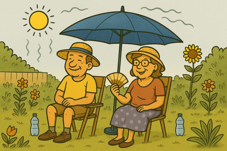 Middle-aged couple sat in sunny garden keeping cool and safe - How to Protect Yourself and Your Mobility- Essential Tips for a UK Heatwave - blog header image