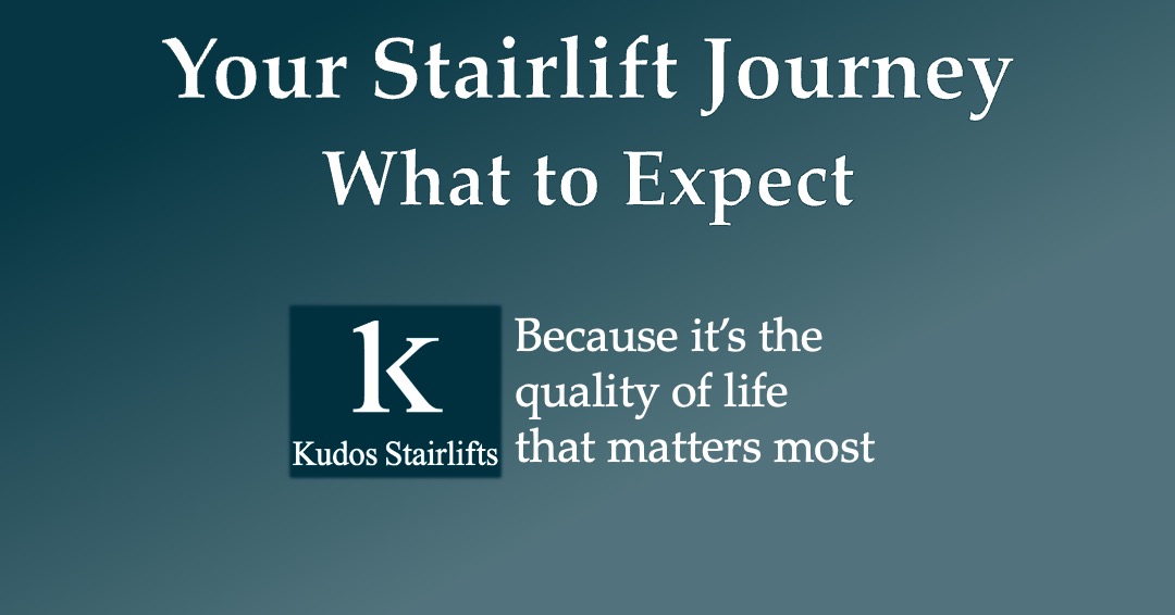Text over deep-teal Kudos brand colour gradient, text says: "Your Stairlift Journey What to Expect". Underneath is the Kudos Stairlifts logo, with text next to it that says: "Because it's the quality of life that matters most".