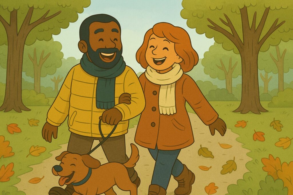 Essential Tips for Autumn in the UK- How to Protect Yourself and Your Mobility (Kudos Stairlifts blog header image, couple walking dog on tree-lined path with falling leaves during autumn)