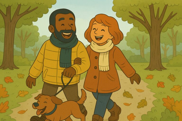 Essential Tips for Autumn in the UK- How to Protect Yourself and Your Mobility (Kudos Stairlifts blog header image, couple walking dog on tree-lined path with falling leaves during autumn)
