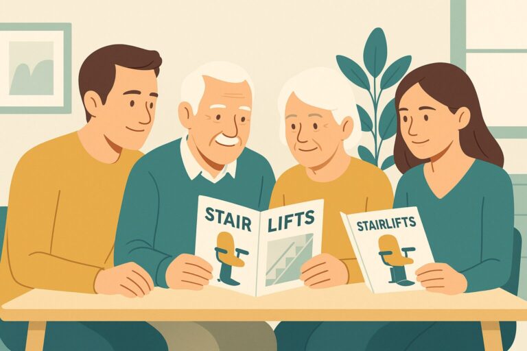 Your Top Tips for Finding the Best Stairlift Supplier - Kudos Stairlifts blog header image - cartoon style showing elderly couple sat at table with adult son and daughter looking at stairlift brochures