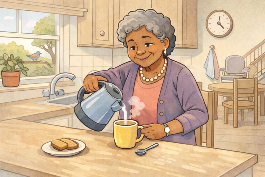 Your Home, Your Independence- Living Alone with Limited Mobility (shows lady in her late 60s making a cup of tea in her kitchen with a stairlift in the background) - blog header image, Kudos Stairlifts