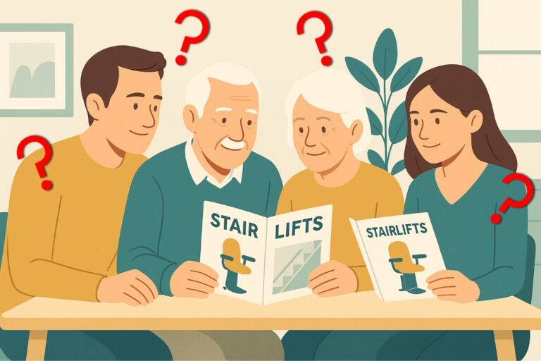 cartoon style showing elderly couple sat at table with adult son and daughter looking at stairlift brochures with red question marks around them (Do You Know What to Consider When Choosing a Stairlift Model - Kudos Stairlifts blog header image)