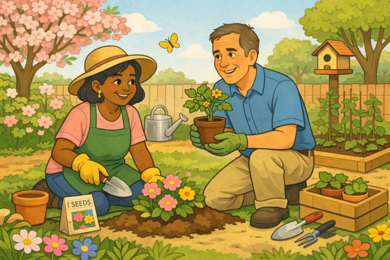 Cartoon-style image showing brown-skinned middle-aged woman and white-skinned older gentleman together in spring doing gardening (Gardening with Mobility Issues- Your Top Spring Tips to Stay Safe and Active (Kudos Stairlifts blog header image))